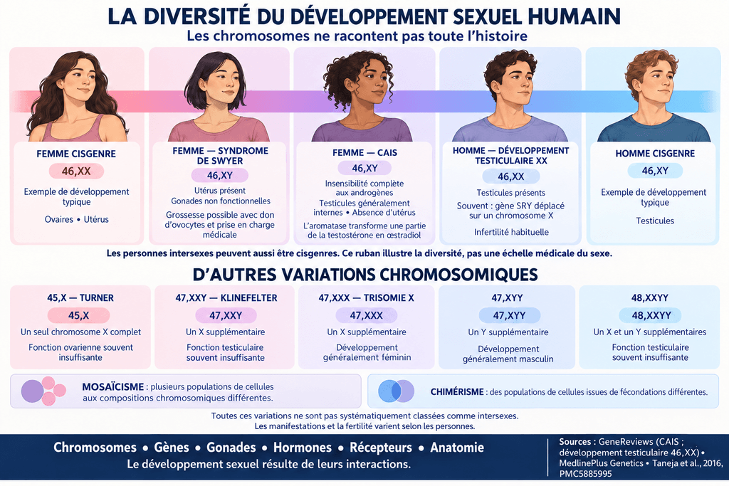 Infographie illustrant la diversité du développement sexuel humain. Reprend les éléments décrits dans la suite de l'article. Sources : GeneReviews (CAIS, développement testiculaire 46,XX), MedlinePlus Genetics, Taneja et al., 2016, PMC5885995